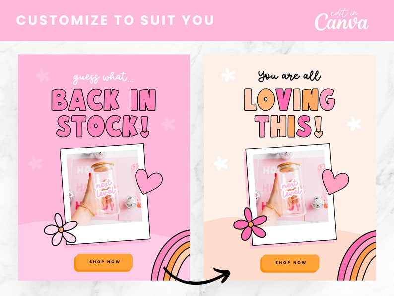 Op de afbeelding: Roze en oranje social media-afbeelding met een foto van een glazen pot met een roze label waarop "next level" staat. De tekst "guess what... BACK IN STOCK!" is roze en zwart omrand. De tekst "You are all LOVING THIS!" is roze, oranje en geel en zwart omrand. De afbeelding heeft een roze en oranje regenboog onderaan en een knop met de tekst "SHOP NOW".