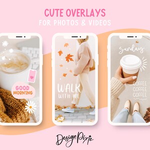 May include: Three smartphone screens displaying digital overlays. The first shows a coffee cup with the text "Good Morning". The second features a person walking with the text "Walk With Me". The third shows a coffee cup with the text "Sunday" and "Coffee".
