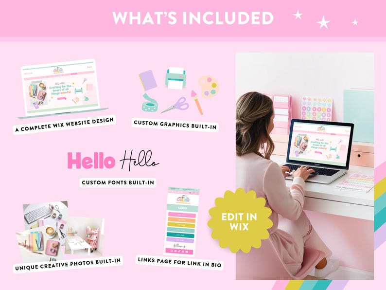 May include: A pink and white graphic design for a website with the text "What's Included" at the top. The graphic includes a laptop computer, a phone, and a variety of other design elements. The text "Hello Hello" is also included in the graphic.