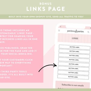 May include: A mobile phone screen mockup showing a 'Links' page with button labels. The image includes text: 'Bonus Links Page' and 'Built into your own Shopify site, send all traffic to you!' The page is for sharing business links.