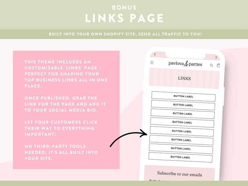 May include: A mobile phone screen mockup showing a 'Links' page with button labels. The image includes text: 'Bonus Links Page' and 'Built into your own Shopify site, send all traffic to you!' The page is for sharing business links.