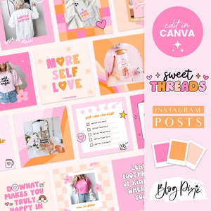 Pink Retro Instagram Templates Canva - Positive Quotes for Instagram - Retro Flowers, Stars, Hearts - Bright Pink Instagram ST01 Blog Pixie