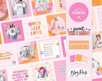 Pink Retro Instagram Templates Canva - Positive Quotes for Instagram - Retro Flowers, Stars, Hearts - Bright Pink Instagram ST01 Blog Pixie