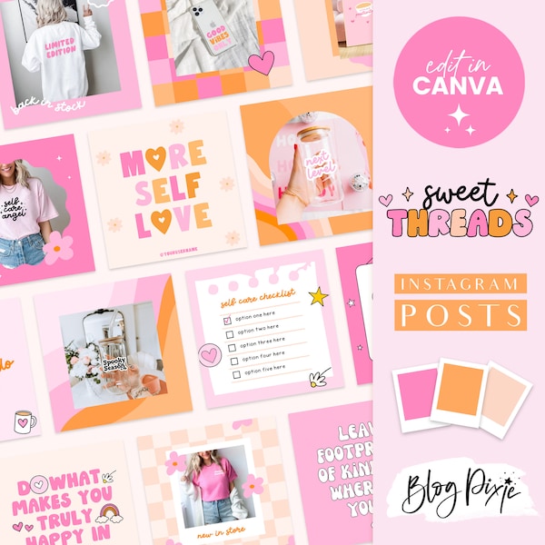 Pink Retro Instagram Templates Canva - Positive Quotes for Instagram - Retro Flowers, Stars, Hearts - Bright Pink Instagram ST01 Blog Pixie