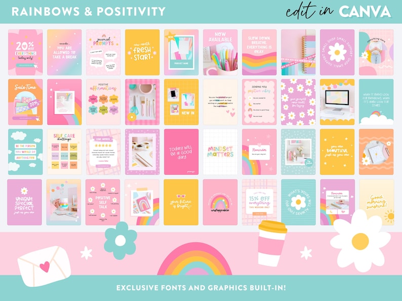 Playful Rainbow Instagram Templates Canva - Positive Quotes for Instagram - Post and Story Ideas - Cute Branding - PF01 Design Pixie image 4