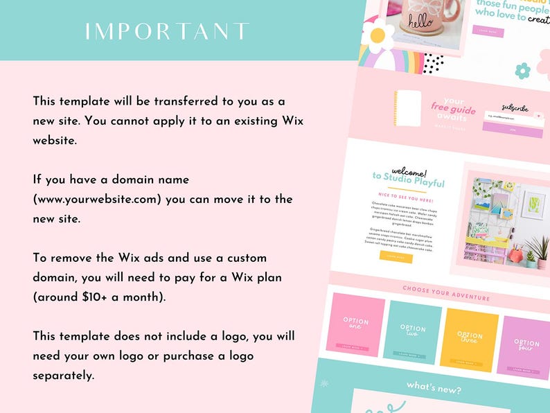 May include: A pink and blue website design template with the text "Welcome! to Studio Playful" and a section titled "Choose Your Adventure" with four colorful buttons labeled "Option One", "Option Two", "Option Three", and "Option Four".