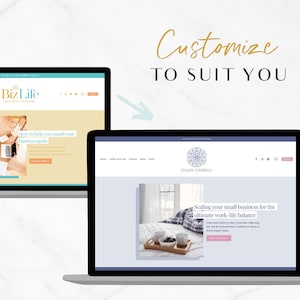 K&ouml;nnte beinhalten: Zwei Laptop-Bildschirme mit Website-Designs. Ein Bildschirm zeigt die Website "The Biz Life" f&uuml;r Business-Coaching. Der andere zeigt eine Website mit dem Text "Enjoy Yourself" und "Scaling your small business for the ultimate work-life balance."