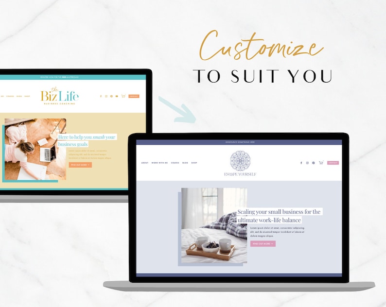K&ouml;nnte beinhalten: Zwei Laptop-Bildschirme mit Website-Designs. Ein Bildschirm zeigt die Website "The Biz Life" f&uuml;r Business-Coaching. Der andere zeigt eine Website mit dem Text "Enjoy Yourself" und "Scaling your small business for the ultimate work-life balance."