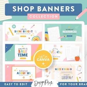 Teacher Shopify Banner Templates for Canva - Primary Colors - Rainbow Education Graphics - Shop Slideshow Banners - TC01 Design Pixie