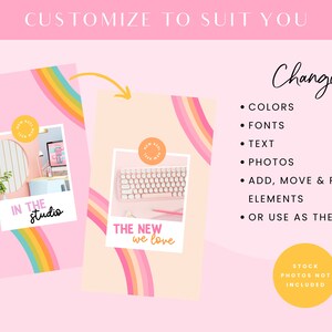 May include: Two colorful social media templates with rainbow arches and a pink background. The first template features a photo of a home office with the text "IN THE studio". The second template features a photo of a keyboard with the text "THE NEW we love".