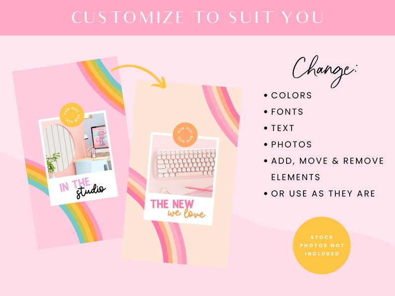 May include: Two colorful social media templates with rainbow arches and a pink background. The first template features a photo of a home office with the text "IN THE studio". The second template features a photo of a keyboard with the text "THE NEW we love".