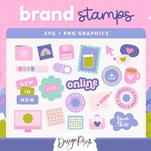 Può includere: Una collezione di timbri digitali del marchio dai colori pastello con il testo "brand stamps" e "SVG + PNG GRAPHICS". I timbri includono icone come un computer, un calendario, una busta e fumetti. Il design è in stile carino e stravagante.