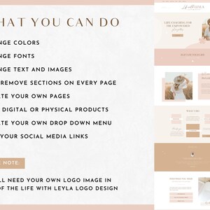 Puede incluir: Una maqueta de sitio web con un esquema de color rosa claro y marr&oacute;n. El texto "What You Can Do" se muestra en una fuente marr&oacute;n. Una lista de caracter&iacute;sticas se muestra debajo del texto. El texto "Life Coaching for the Empowered Child" se muestra en una fuente marr&oacute;n sobre un fondo rosa claro. El texto "Please Your Life" se muestra en una fuente marr&oacute;n sobre un fondo rosa claro. El texto "What I Do" se muestra en una fuente marr&oacute;n sobre un fondo rosa claro. El texto "Find What You Need" se muestra en una fuente marr&oacute;n sobre un fondo rosa claro. El texto "Please Note" se muestra en una fuente marr&oacute;n. El texto "You will need your own logo image in place of the Life with Leyla logo design" se muestra en una fuente marr&oacute;n.