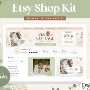 May include: Etsy shop banner template with a green and white gingham pattern, a cottage illustration, and the text "Little Cottage Lifestyle & Decor". The banner also includes a sale announcement with the text "20% off with the code TAKE20".