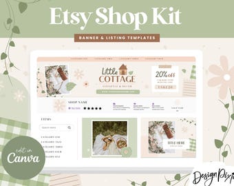 Cottagecore Aesthetic Etsy Banner Kit - Etsy Shop Banner Templates Canva - Etsy Branding Green - Listing Mockup Templates - CG01 Blog Pixie