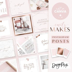 May include: A set of 12 pink and gold Instagram post templates with quotes and designs. The templates are designed to be edited in Canva. The text on the templates includes "She designed a life she loved", "Always remember you matter", "Believe in yourself", "One is you and that is our power", "Thedira Calligraphy", "You are made of magic", "See the good", "Comment what you need", "If you can't stop thinking about it, don't stop working for it", and "Edit in Canva".