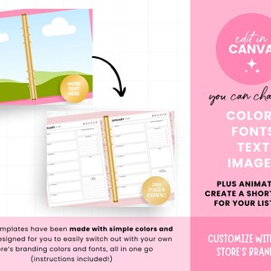 May include: A pink and gold planner template with the text "edit in CANVA" and "you can change: COLORS FONTS TEXT IMAGES PLUS ANIMATE TO CREATE A SHORT VIDEO FOR YOUR LISTING! CUSTOMIZE WITH YOUR STORE'S BRANDING". The planner has a gold binder and the text "200 PAGES INSIDE!" is on a gold circle.