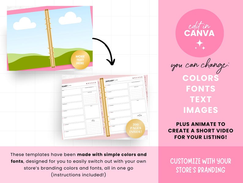 May include: A pink and gold planner template with the text "edit in CANVA" and "you can change: COLORS FONTS TEXT IMAGES PLUS ANIMATE TO CREATE A SHORT VIDEO FOR YOUR LISTING! CUSTOMIZE WITH YOUR STORE'S BRANDING". The planner has a gold binder and the text "200 PAGES INSIDE!" is on a gold circle.