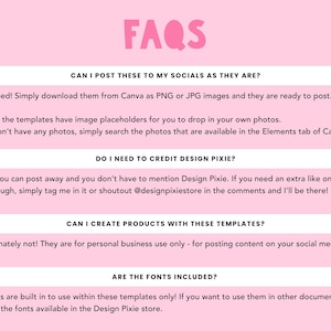 May include: A pink and white graphic with the text "FAQs" in large pink letters. The graphic contains four questions and answers about using Canva templates for social media.