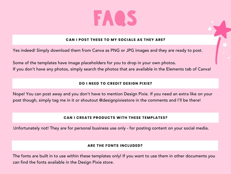 May include: A pink and white graphic with the text "FAQs" in large pink letters. The graphic contains four questions and answers about using Canva templates for social media.
