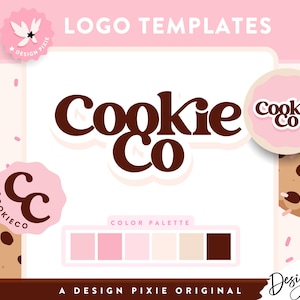 May include: A pink and brown logo template design for "Cookie Co." features the company name in a bold, brown font. The design includes a color palette and decorative elements like cookies and sprinkles. The text "LOGO TEMPLATES" is at the top.