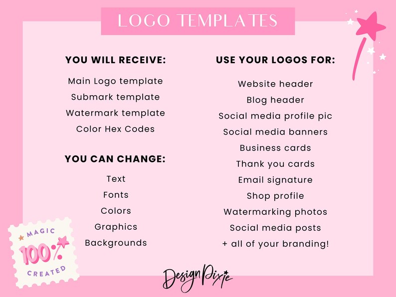May include: A pink and white graphic with the text "LOGO TEMPLATES" at the top. The graphic lists what is included in a logo template package and how the logos can be used. The graphic also includes a stamp with the text "MAGIC 100% CREATED" and the text "Design Pixje" at the bottom.