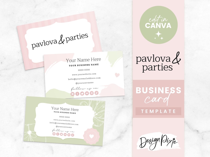 May include: Two pink and green business card templates with the text "pavlova & parties" and "edit in CANVA" on them. The cards are designed with a floral theme and include space for a business name, phone number, website, email address, and social media links.