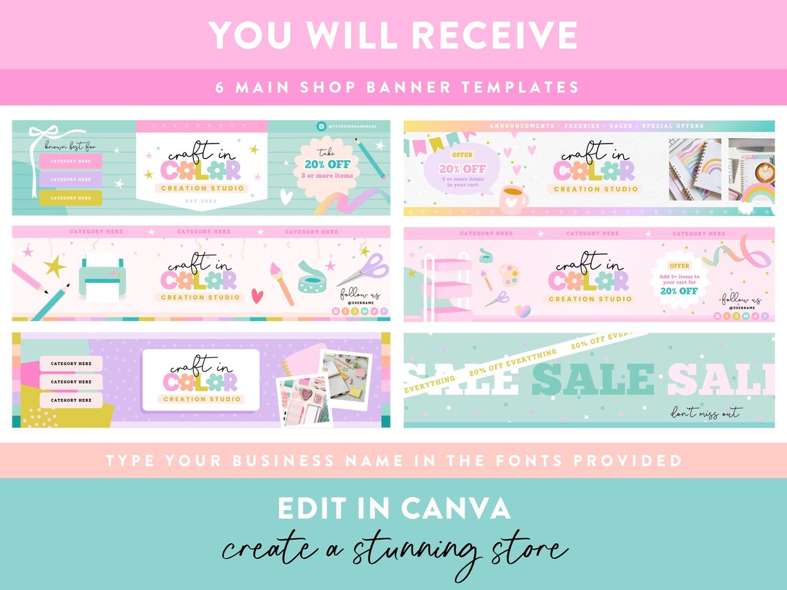 Bright Rainbow Etsy Shop Banner Templates - Cute Canva Designs With ...