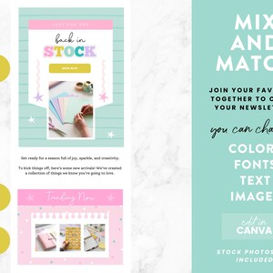 May include: A digital marketing template for a newsletter with a pink and green color scheme. The template features the text "back in stock" and "Trending Now". The text "Mix and Match" is also included, along with the text "Join your favorites together to create your newsletters". The text "You can change: Colors, Fonts, Text, Images" is also included. The text "Edit in Canva" is included. The text "Stock photos not included" is also included.