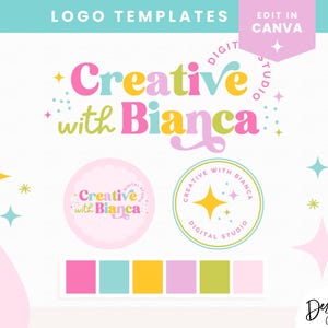 Editable Logo Design Canva - Small Business Logo Template - Bright Pastel Colorful Logo - Retro Rainbow Logo - Fun Logo DIY DI01 Blog Pixie
