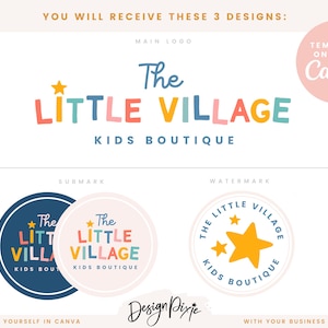 May include: Three logo designs for a kids boutique called "The Little Village". The main logo features the text in colorful, playful letters with a yellow star. The submark logo is a circle with the text and star in a smaller size. The watermark logo is a circle with the text and a larger yellow star.