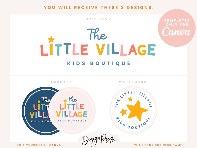 May include: Three logo designs for a kids boutique called "The Little Village". The main logo features the text in colorful, playful letters with a yellow star. The submark logo is a circle with the text and star in a smaller size. The watermark logo is a circle with the text and a larger yellow star.