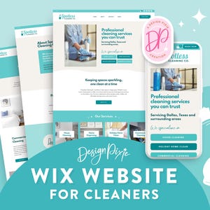 May include: A Wix website design for cleaning services. The website features a blue and white color scheme with a photo of a person cleaning. The text on the website says "Professional cleaning services you can trust" and "Servicing Dallas, Texas and surrounding areas".
