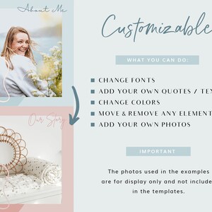 May include: A digital template design in pastel blue and pink. The word "Customizable" is written in a flowing script. The image features a photograph of a woman, a mirror, and a blanket. Text highlights options: change fonts, add quotes, change colours, move elements, and add photos.