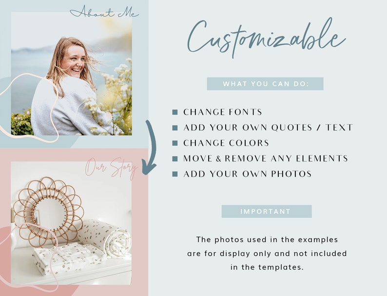 May include: A digital template design in pastel blue and pink. The word "Customizable" is written in a flowing script. The image features a photograph of a woman, a mirror, and a blanket. Text highlights options: change fonts, add quotes, change colours, move elements, and add photos.