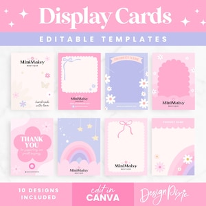 Modelos de cartões de exibição rosa femininos - Modelos Canva para cartões de apoio de joias, laços de cabelo, embalagens fofas para pequenas empresas - MN01 Design Pixie