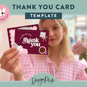 May include: A burgundy thank you card template with the words "thank you" in white script. The card features a coffee cup illustration and a small heart. The words "Thank You Card Template" are at the top of the image.