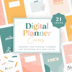 Puede incluir: Un conjunto de 21 diseños de portada de planificador digital. Las portadas presentan una variedad de colores, patrones y texto, incluyendo "Planificar Todo", "Mi Planificador", "Las Cosas Buenas Están En Camino" y "Tu Futuro Es Brillante".