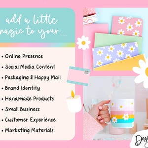 Pode incluir: Um gr&aacute;fico promocional com fundo rosa apresentando o texto add a little magic to your seguido por uma lista de servi&ccedil;os empresariais. A imagem inclui ilustra&ccedil;&otilde;es de margaridas, um carrinho de compras rosa, uma vela e uma caneca.
