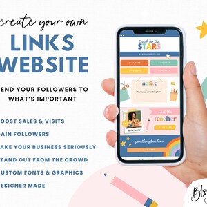 May include: A colorful phone screen mockup showing a website with the text "Teach for the Stars" and links to different sections. The website is designed with a rainbow theme and features a notice board, a teacher profile, and a fun section. The phone is held in a hand against a pink background with a rainbow and stars.