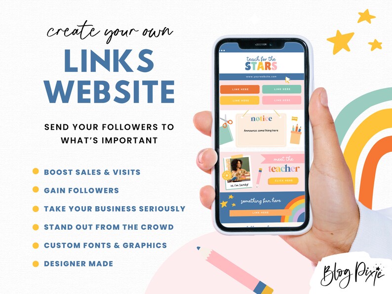 May include: A colorful phone screen mockup showing a website with the text "Teach for the Stars" and links to different sections. The website is designed with a rainbow theme and features a notice board, a teacher profile, and a fun section. The phone is held in a hand against a pink background with a rainbow and stars.