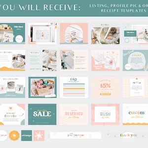 May include: A set of 18 social media templates for Etsy shops. The templates feature a variety of designs with a pastel color scheme, including pink, green, and yellow. The templates include text such as "You Will Receive", "Listing", "Profile Pic", "Order Receipt Templates", "Title Here", "Love", "More in Love", "You May Also Like", "FAQ", "Notice", "15% Off", "Favorite", "Sale", "Reserved for Ashley", "Rush My Order", "Custom for Details", "Your Business", and "Thank You".