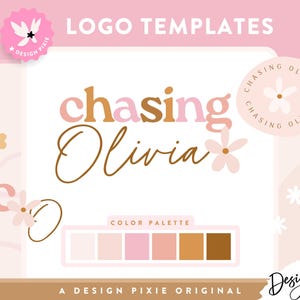 May include: A logo template design with the text "chasing Olivia" in a stylish font, accompanied by a color palette of pink, peach, and brown tones. The design includes floral elements and the text "LOGO TEMPLATES".