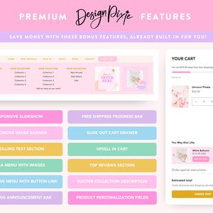 May include: A website design graphic with the text "PREMIUM FEATURES" and "Design Pixie" in a script font. The image shows website features like a responsive slideshow, free shipping progress bar, and a shopping cart.