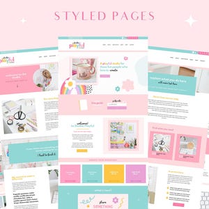 May include: A pink and blue website design with the text "Studio Playful" and images of a mug, a rainbow, and a desk with colorful supplies. The website is for a creative studio.