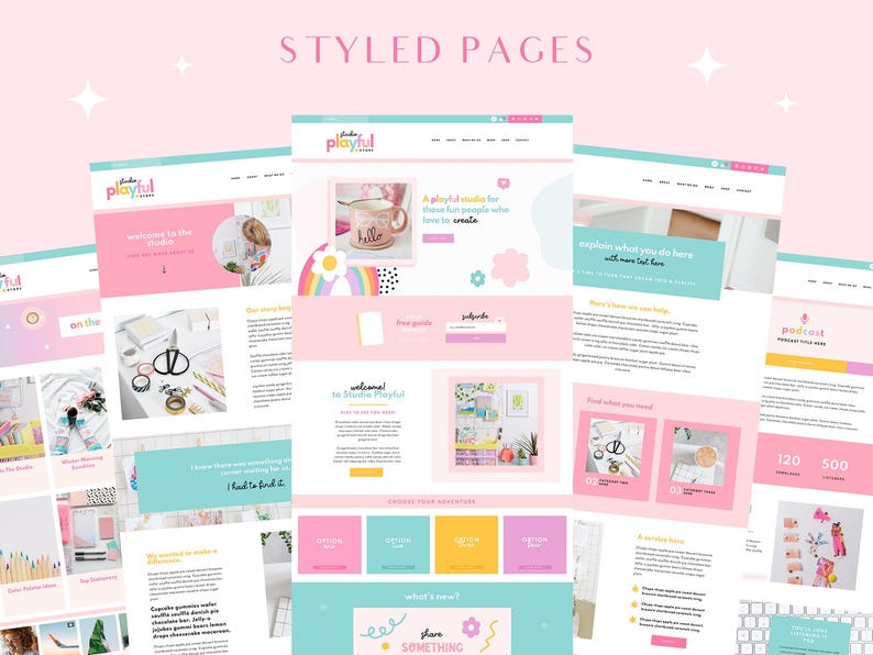 May include: A pink and blue website design with the text "Studio Playful" and images of a mug, a rainbow, and a desk with colorful supplies. The website is for a creative studio.