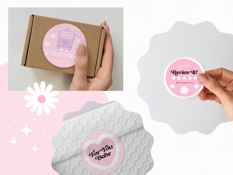 Pode incluir: Tr&ecirc;s adesivos redondos rosa e branco com designs diferentes. O primeiro adesivo diz "It's Mail Day" com uma ilustra&ccedil;&atilde;o de caixa de correio rosa e branca. O segundo adesivo diz "For You Babe" com um cora&ccedil;&atilde;o rosa. O terceiro adesivo diz "Love It! Review It!" com cinco estrelas e um endere&ccedil;o de site.