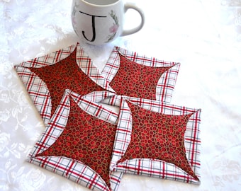 Posavasos de algodón hechos a mano en tela roja y a cuadros (juego de 4)