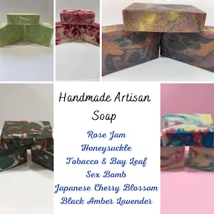 Handgemaakte ambachtelijke zeep: rozenjam, kamperfoelie, tabak en laurier