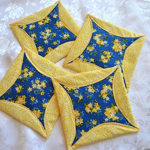 Handmade Blue and Yellow Floral Fabric Cotton Coasters (Set of 4)